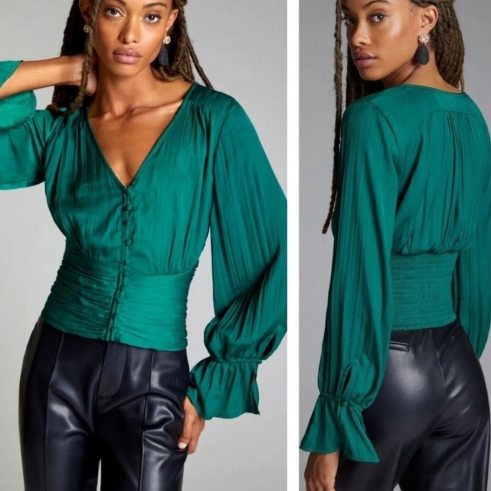 Anthropologie Green Silky Button Blouse